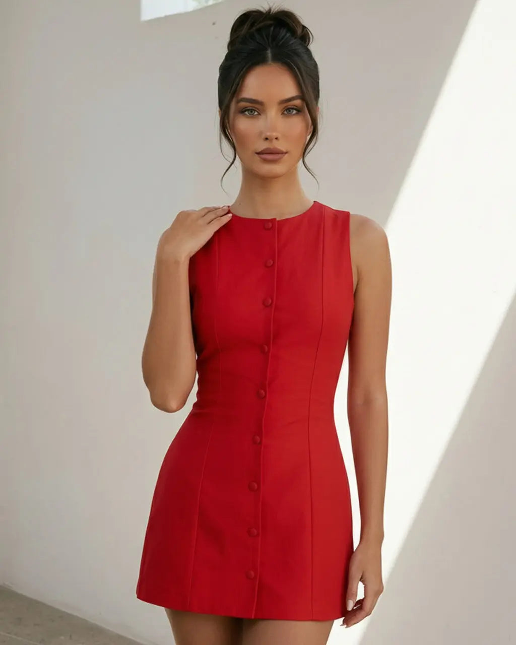 Red Button Front Cotton Blend Slim Fit Formal Mini Dress SOLACE