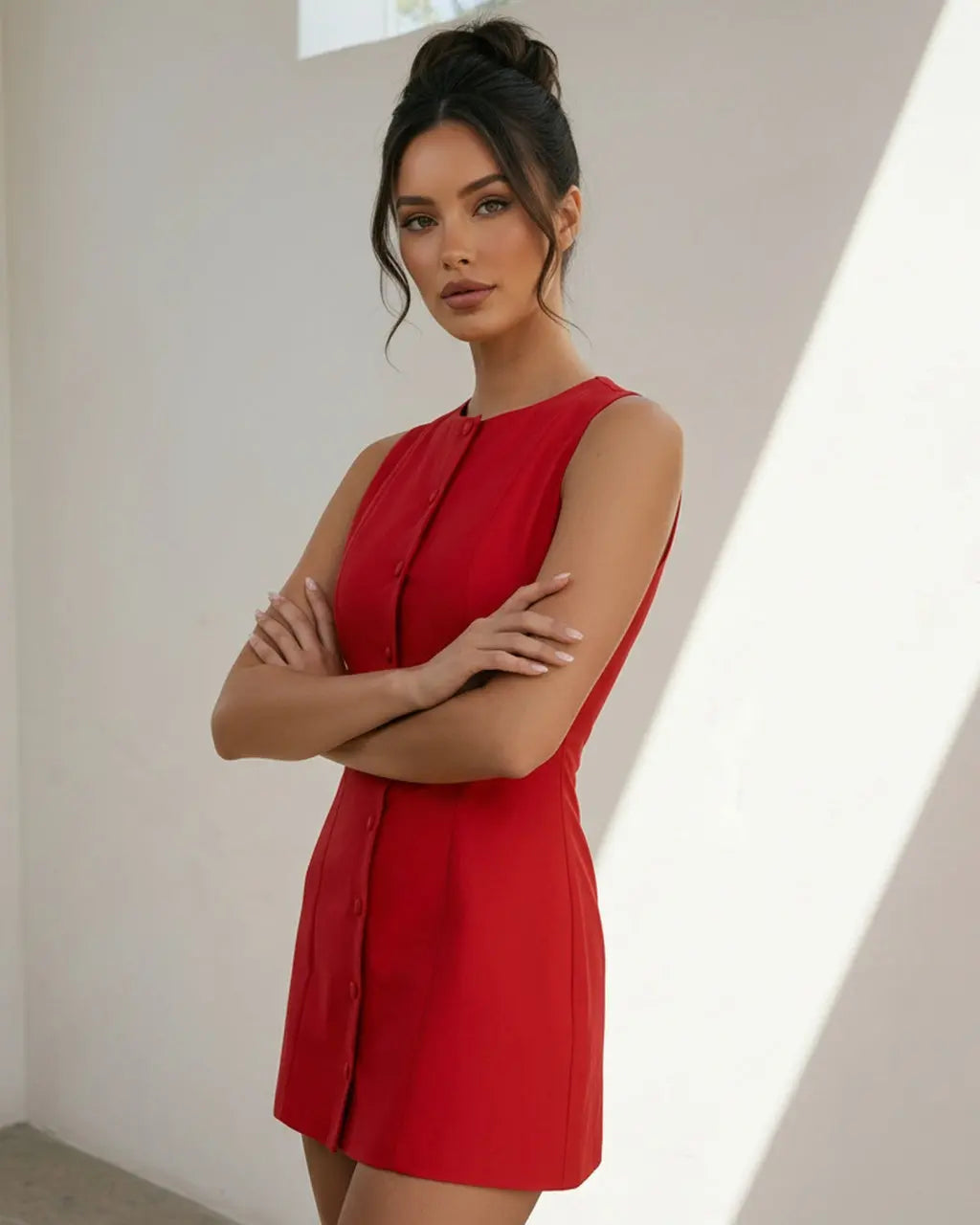 Red Button Front Cotton Blend Slim Fit Formal Mini Dress SOLACE