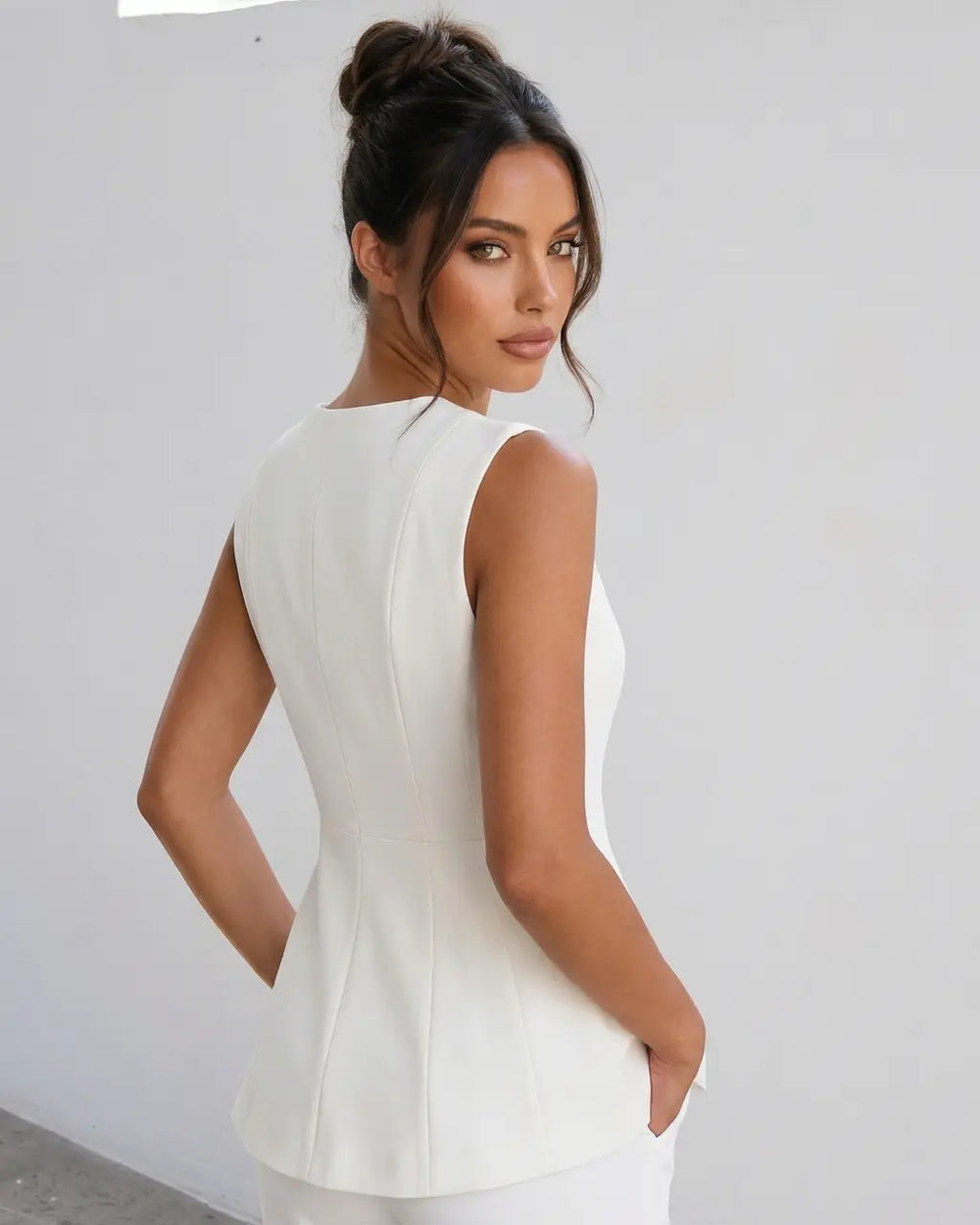 White Tailored Single Button V-Neck Slim Fit Hip Length Vest Top SOLACE