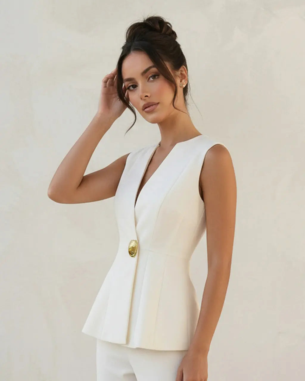White Tailored Single Button V-Neck Slim Fit Hip Length Vest Top SOLACE