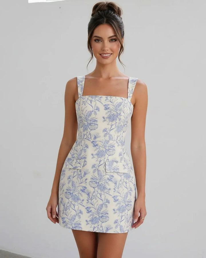 Blue and White Floral Jacquard Slim Fit Mini Dress SOLACE