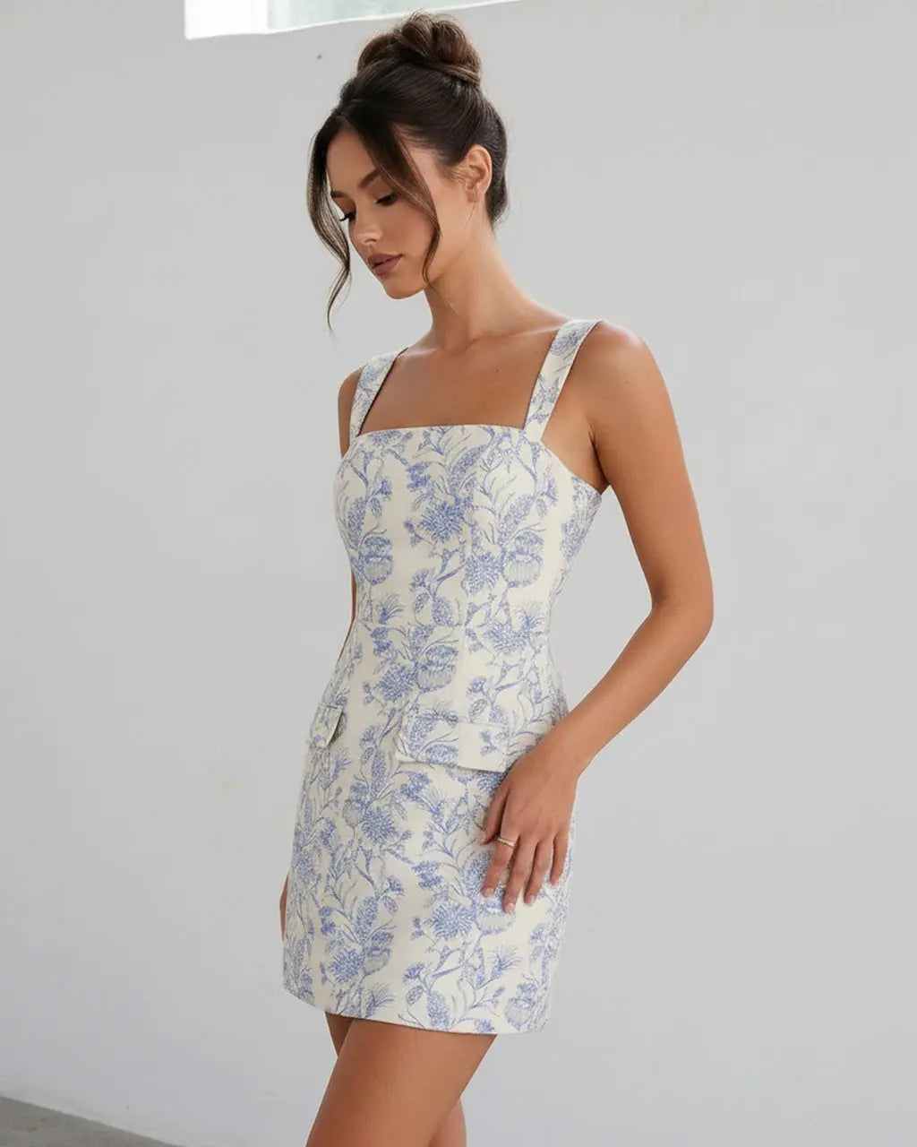 Blue and White Floral Jacquard Slim Fit Mini Dress SOLACE