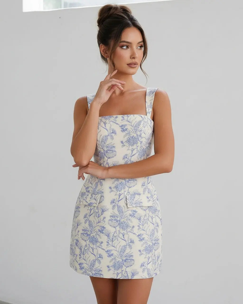 Blue and White Floral Jacquard Slim Fit Mini Dress SOLACE