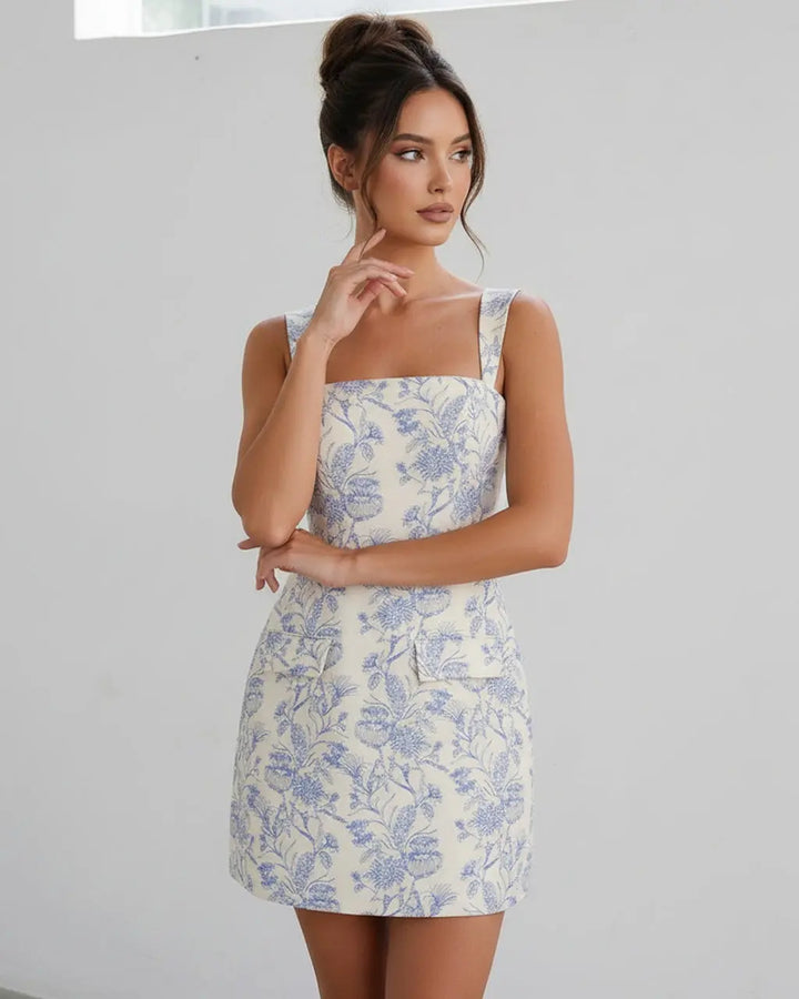 Blue and White Floral Jacquard Slim Fit Mini Dress SOLACE