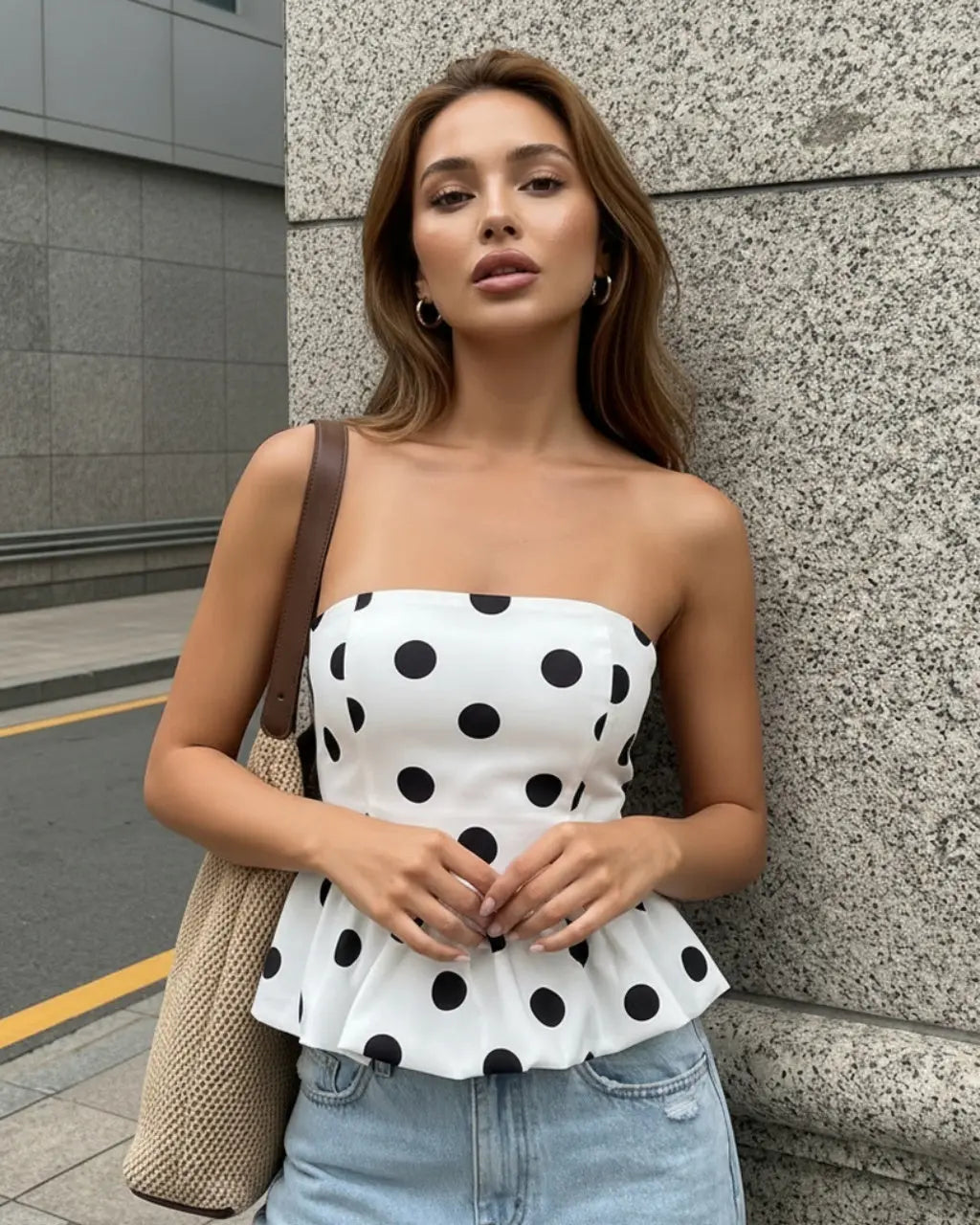SOLACE  White Polka Dot Print Peplum Ruffle Slim Fit Cropped Tube Top 