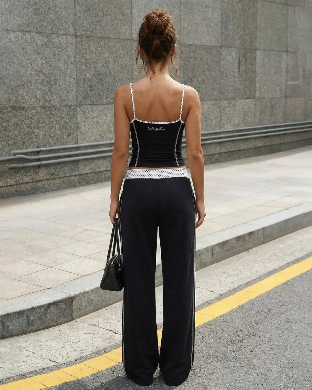 SOLACE  Black Casual Polka Dot Waistband Embroidered Logo Wide Leg Track Pants 