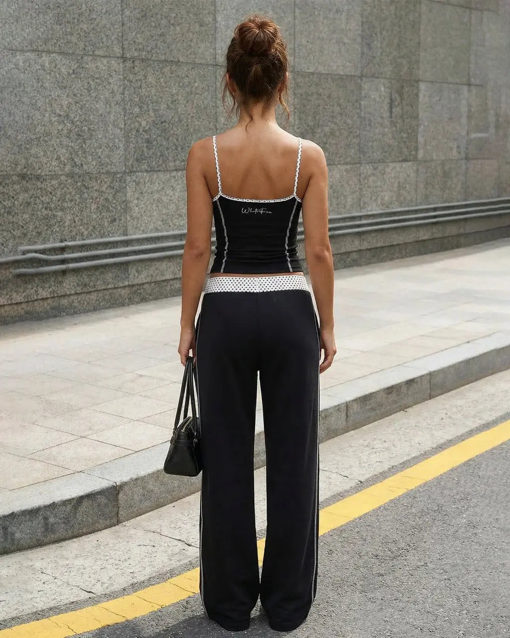 SOLACE  Black Casual Polka Dot Waistband Embroidered Logo Wide Leg Track Pants 