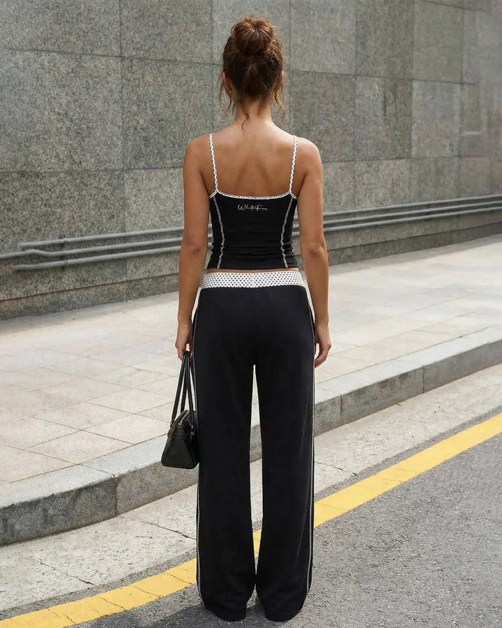 SOLACE  Black Casual Polka Dot Waistband Embroidered Logo Wide Leg Track Pants 