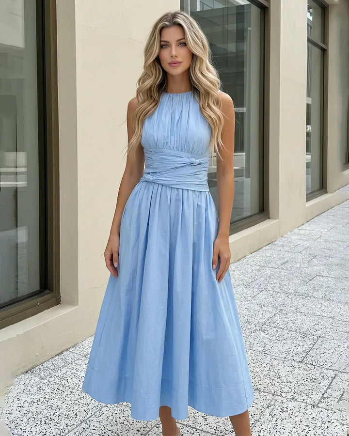 SOLACE  Blue Sleeveless Ruched Waist Tie Maxi Dress 