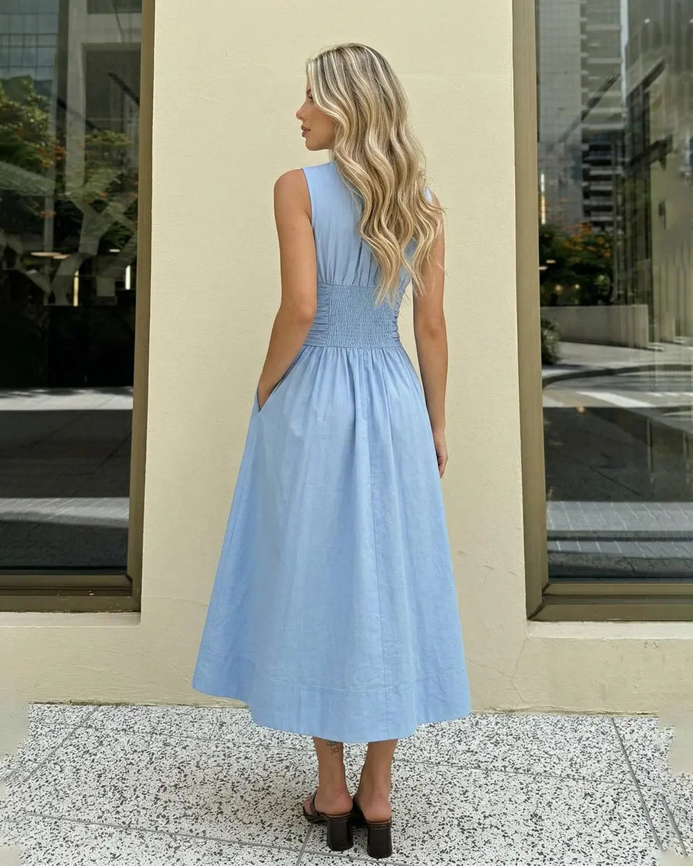 SOLACE  Blue Sleeveless Ruched Waist Tie Maxi Dress 