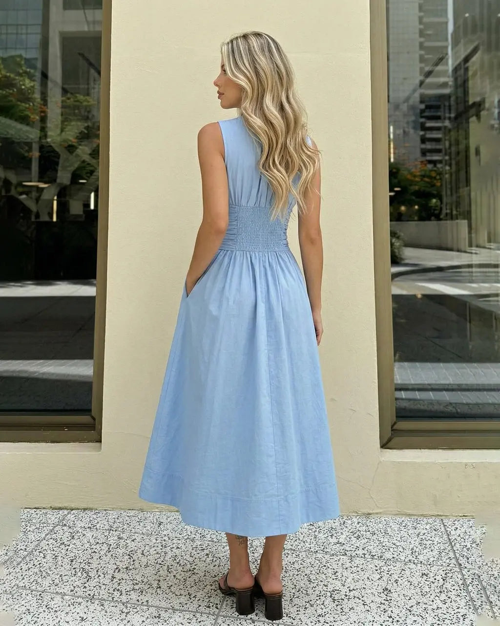 SOLACE  Blue Sleeveless Ruched Waist Tie Maxi Dress 