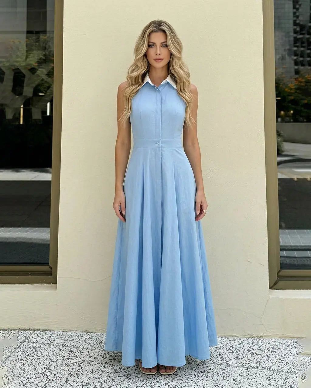 SOLACE  Blue Sleeveless Contrast Collar Button Down Maxi Shirt Dress 
