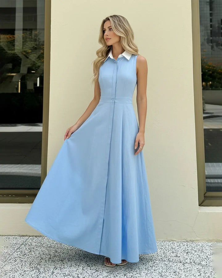 SOLACE  Blue Sleeveless Contrast Collar Button Down Maxi Shirt Dress 