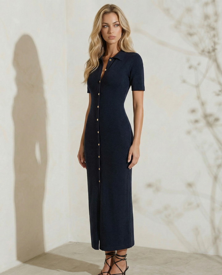 SOLACE  Black Ribbed Knit Button-Front Shirt Slit Maxi Dress 