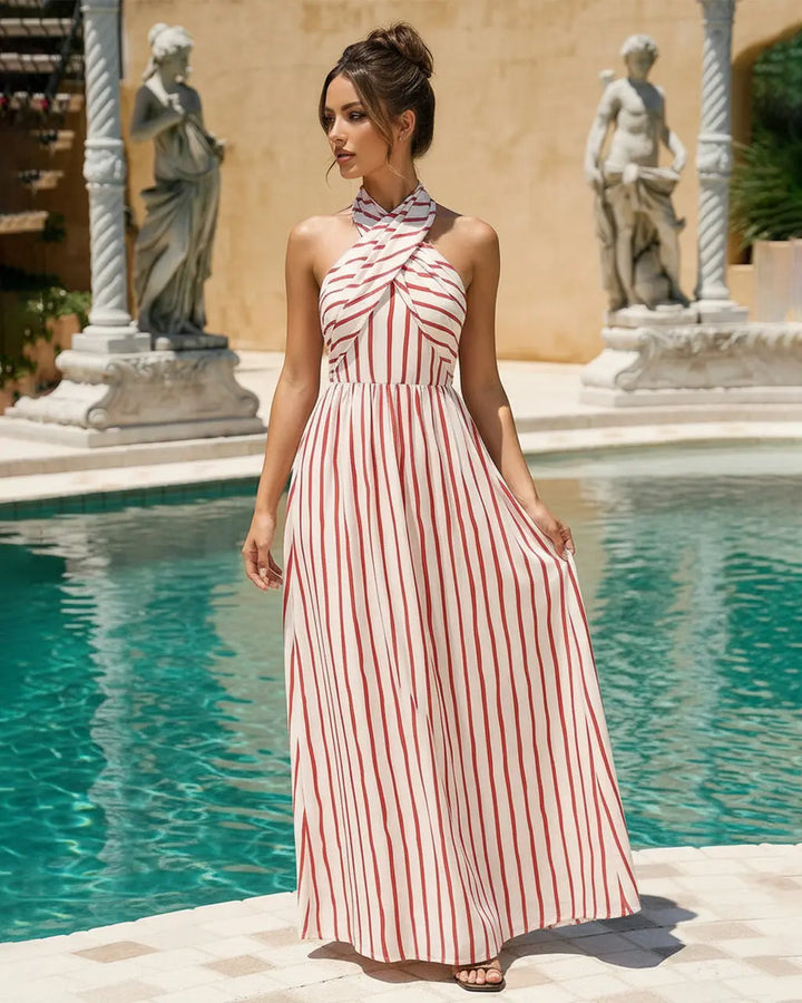 Red White Elegant Twist Neck Stripe Cotton Fitted Waist Maxi Dress SOLACE