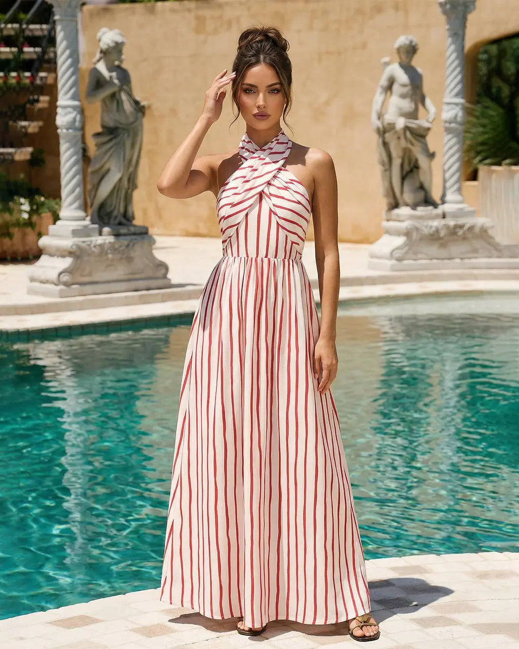 Red White Elegant Twist Neck Stripe Cotton Fitted Waist Maxi Dress SOLACE