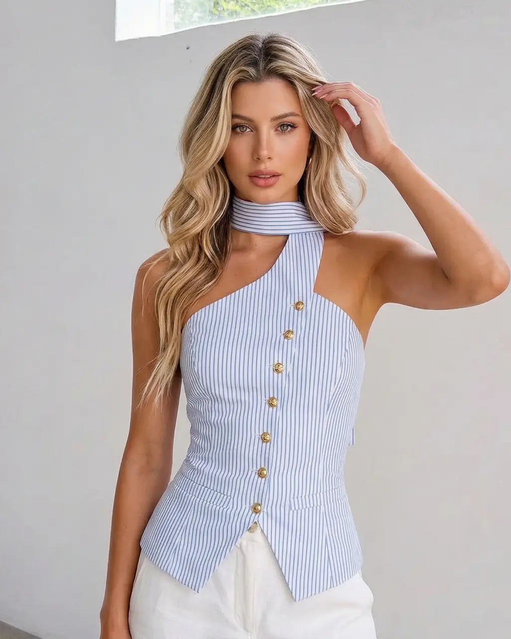 Blue and White Button Front Striped Cotton Slim Fit Cropped Top SOLACE