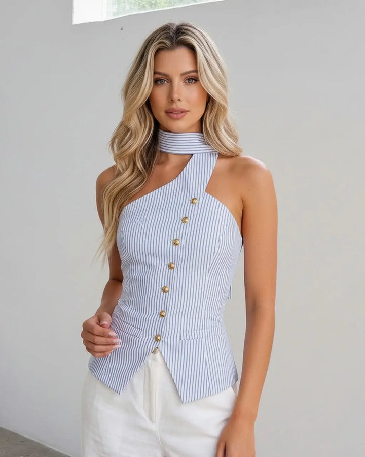 Blue and White Button Front Striped Cotton Slim Fit Cropped Top SOLACE