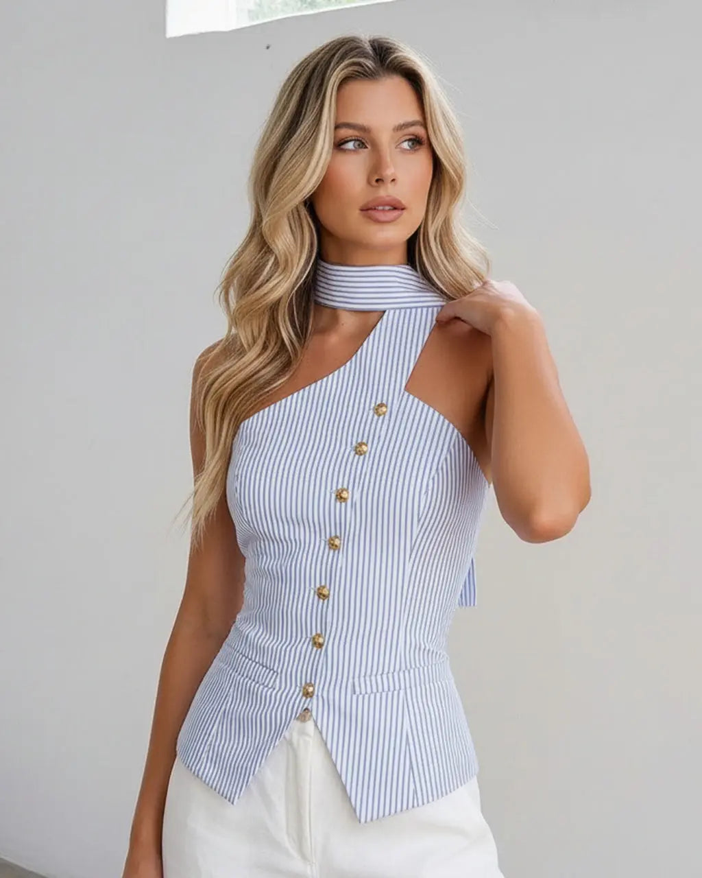 Blue and White Button Front Striped Cotton Slim Fit Cropped Top SOLACE