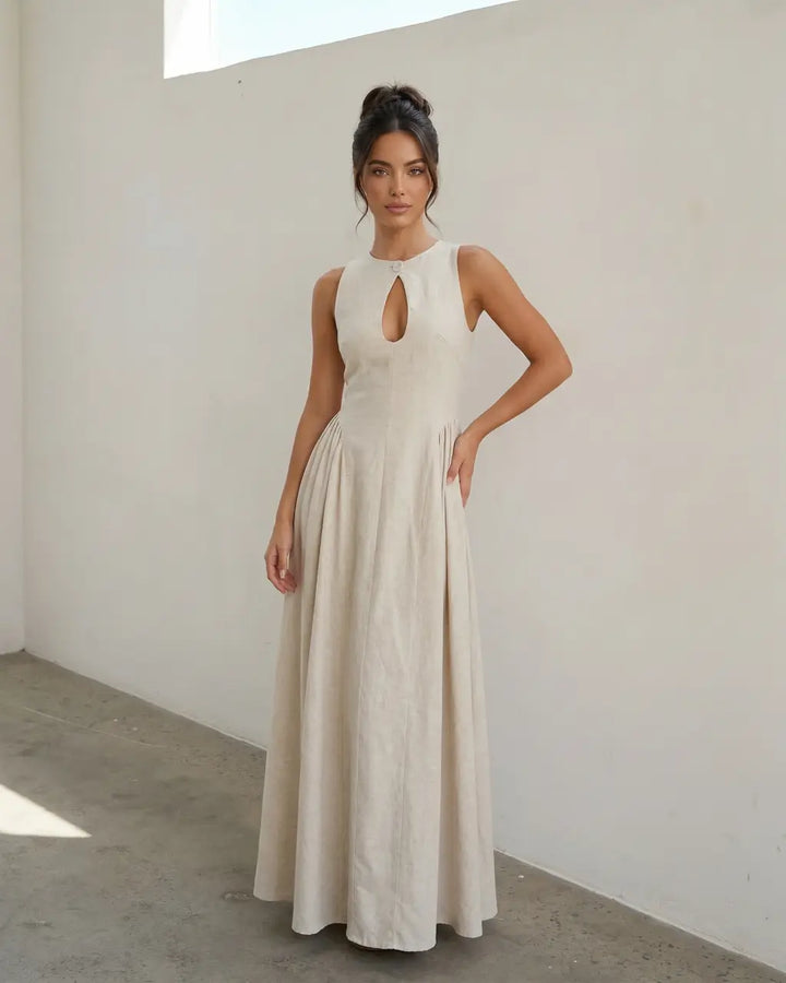 Beige Keyhole Cutout Linen Blend Slim Fit Maxi Dress SOLACE