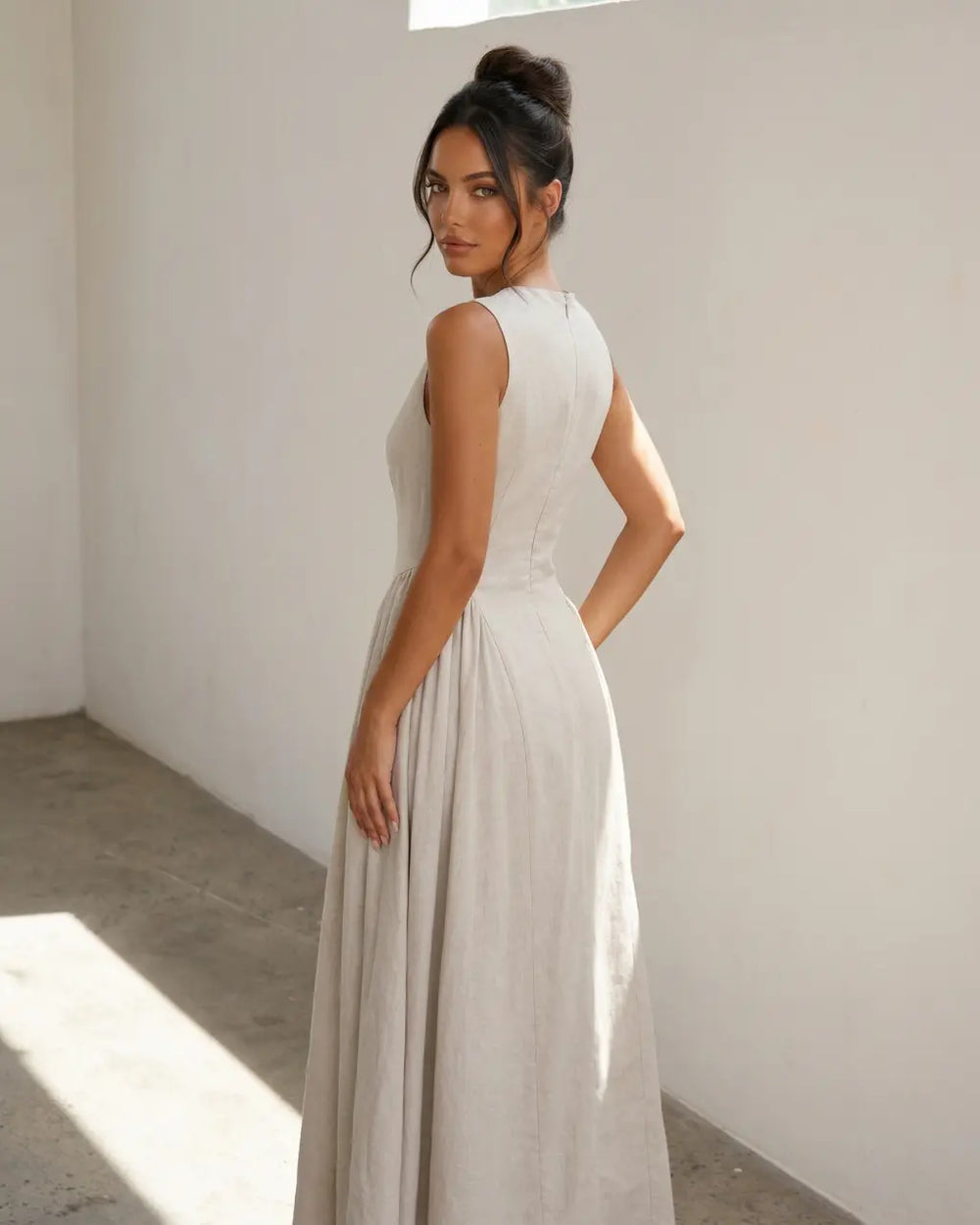 Beige Keyhole Cutout Linen Blend Slim Fit Maxi Dress SOLACE