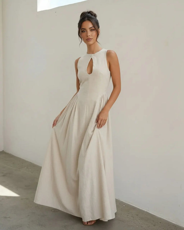 Beige Keyhole Cutout Linen Blend Slim Fit Maxi Dress SOLACE