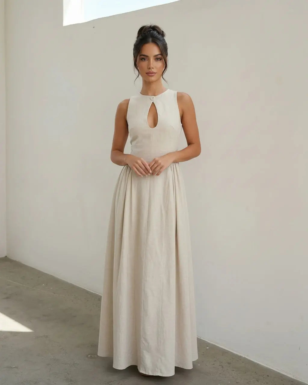 Beige Keyhole Cutout Linen Blend Slim Fit Maxi Dress SOLACE