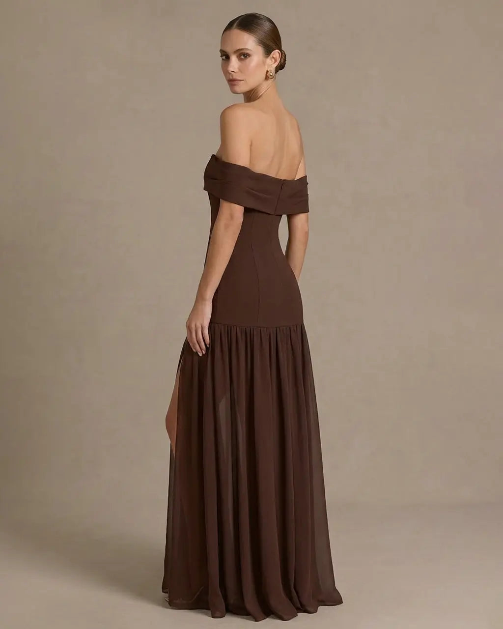 SOLACE  Brown Off The Shoulder Slit Maxi Formal Gown 