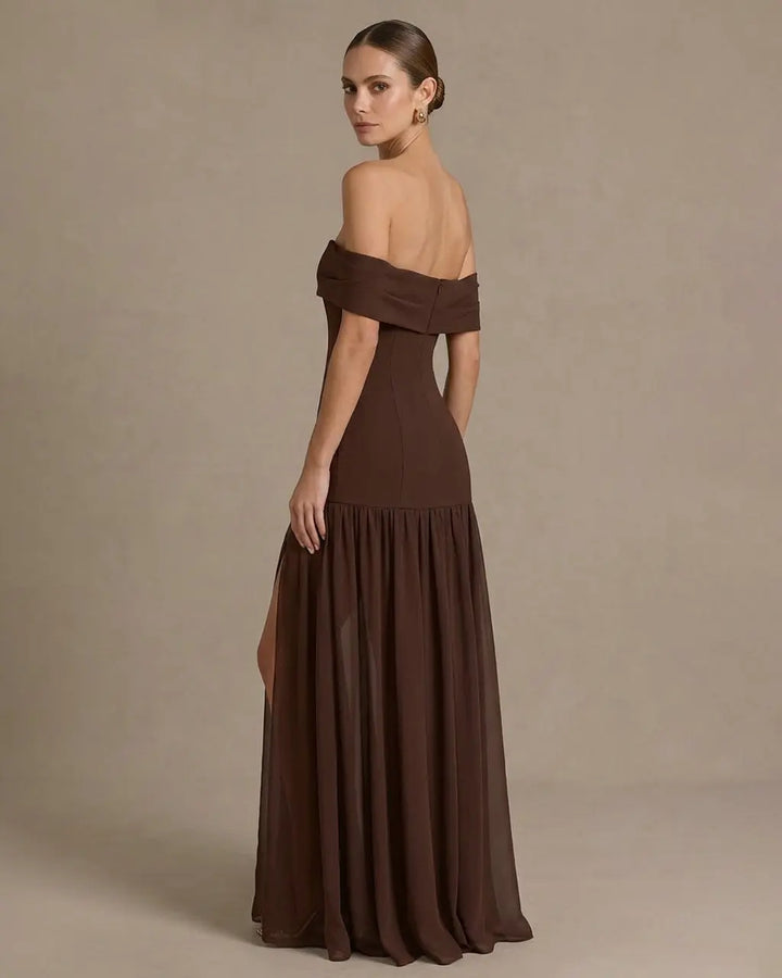 SOLACE  Brown Off The Shoulder Slit Maxi Formal Gown 