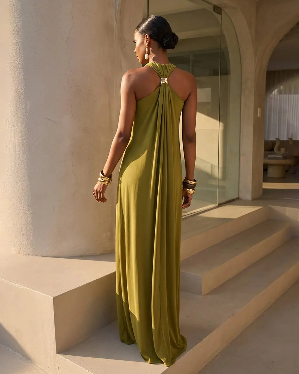 SOLACE  Olive Green Ring Halter Neck Soft Jersey Flowy Maxi Dress 