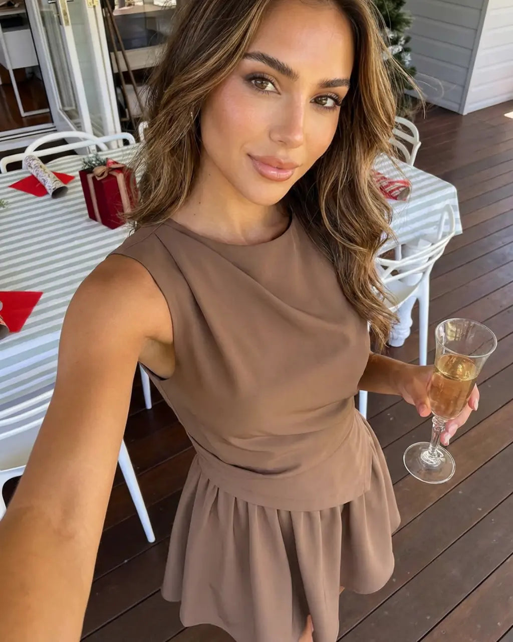 Brown Draped Waist Asymmetrical Pleated Mini Dress SOLACE