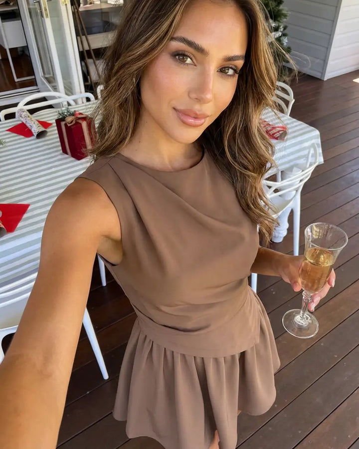 Brown Draped Waist Asymmetrical Pleated Mini Dress SOLACE
