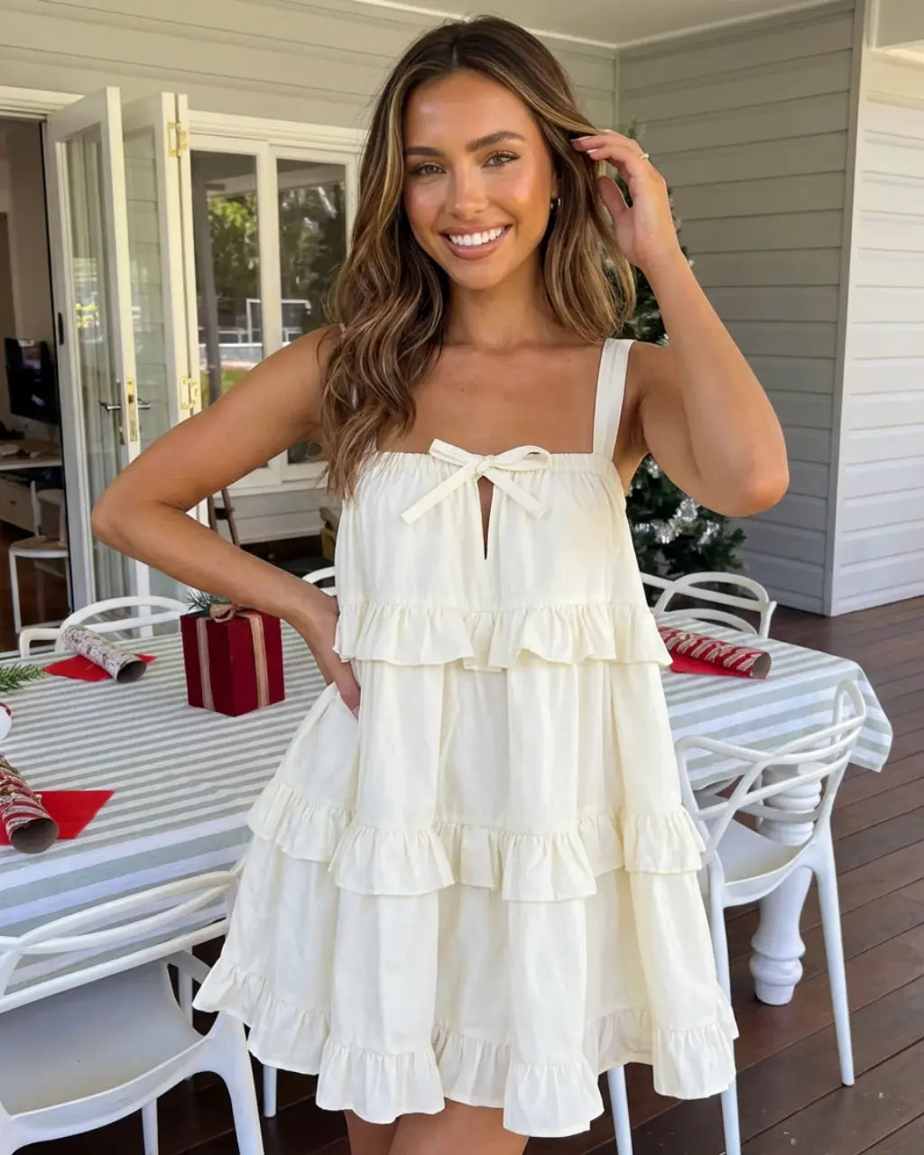 Cream White Bow Tie Front Tiered Ruffle Casual Mini Dress SOLACE