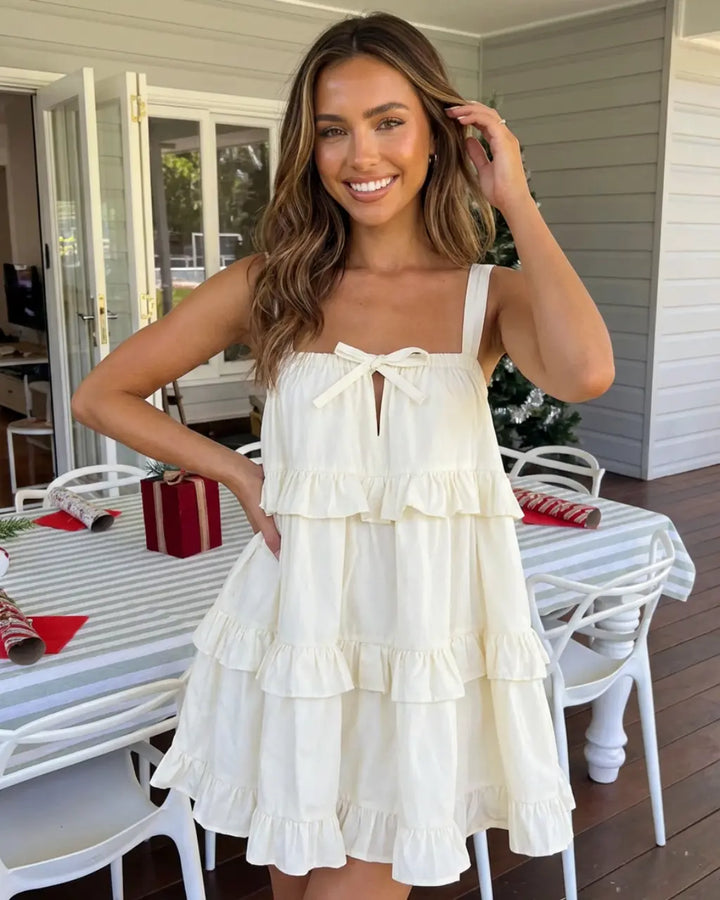 Cream White Bow Tie Front Tiered Ruffle Casual Mini Dress SOLACE