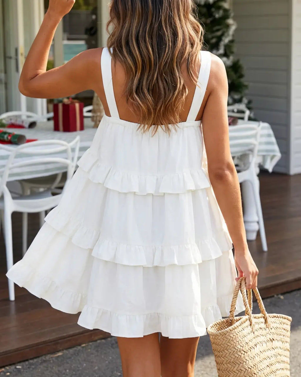 Cream White Bow Tie Front Tiered Ruffle Casual Mini Dress SOLACE