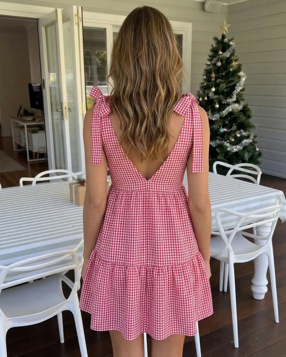 Red Tiered Gingham Knot Strap A-line Mini Dress SOLACE