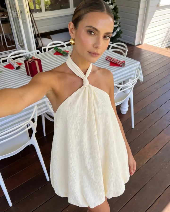 Beige Twist Halter Bubble Hem Textured Casual Mini Dress SOLACE