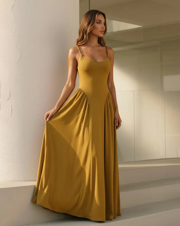 SOLACE  Scoop Neck Knotted Strap Pleated Maxi Dress 
