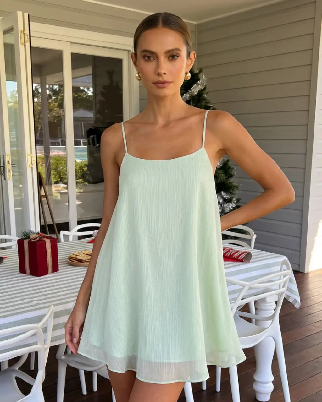 Mint Green Textured Strap Babydoll Casual Mini Dress SOLACE