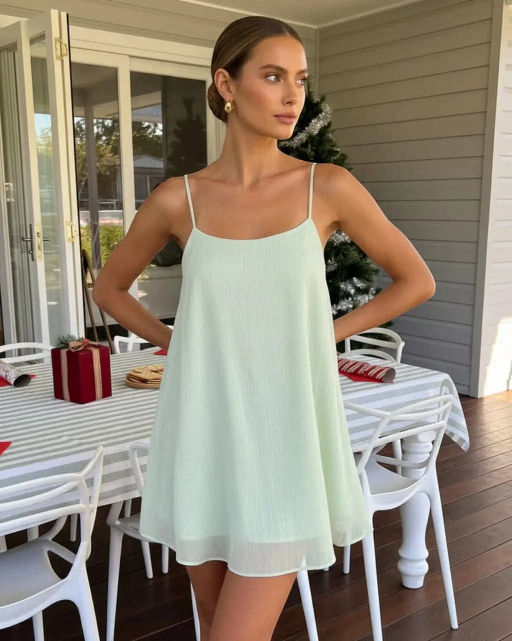 Mint Green Textured Strap Babydoll Casual Mini Dress SOLACE