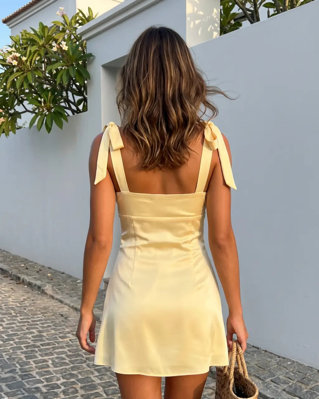 Yellow Tie Shoulder Ruched Bust Satin Mini Dress SOLACE