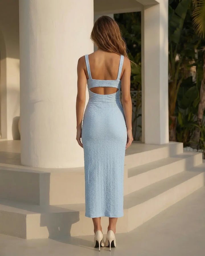 SOLACE  Blue Textured  Sweetheart Neck Cutout Slit Midi Dress 