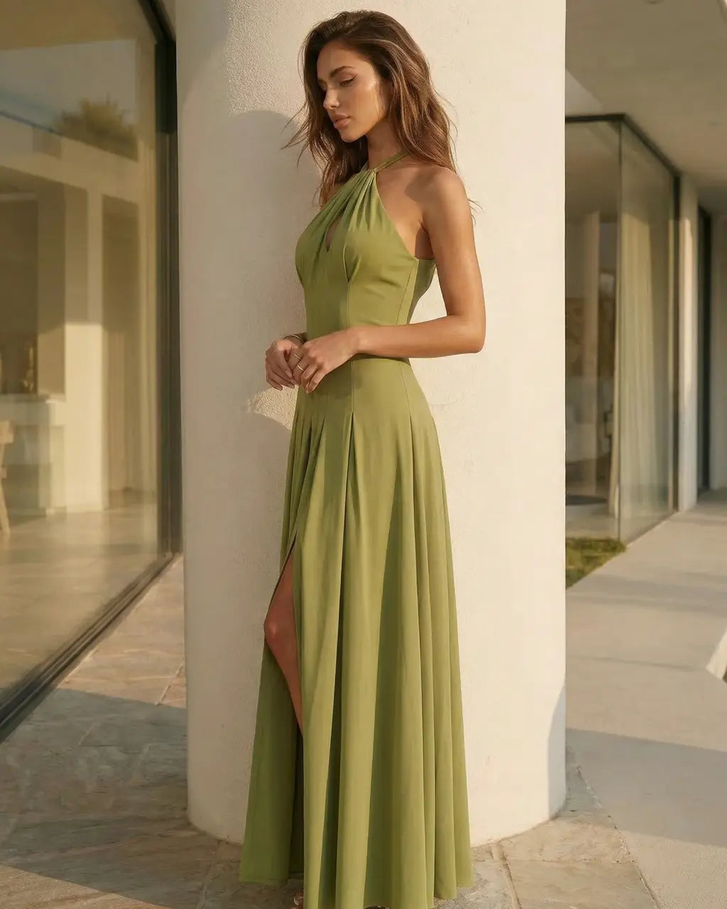 SOLACE  Green Halter Neck Keyhole Cutout Slit Maxi Dress 