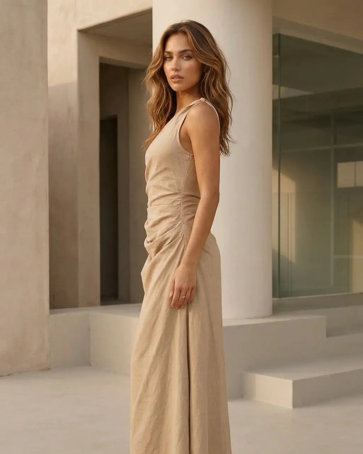 SOLACE  Khaki One Shoulder Ruched Maxi Dress 