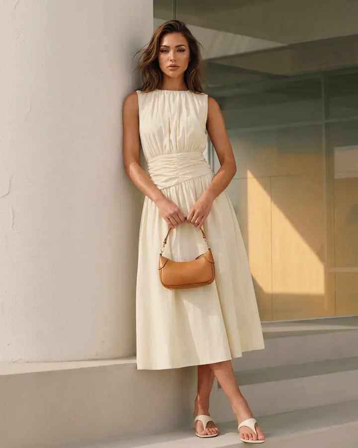 SOLACE  Cream Crew Neck  Sleeveless Ruched Waist Midi Dress 