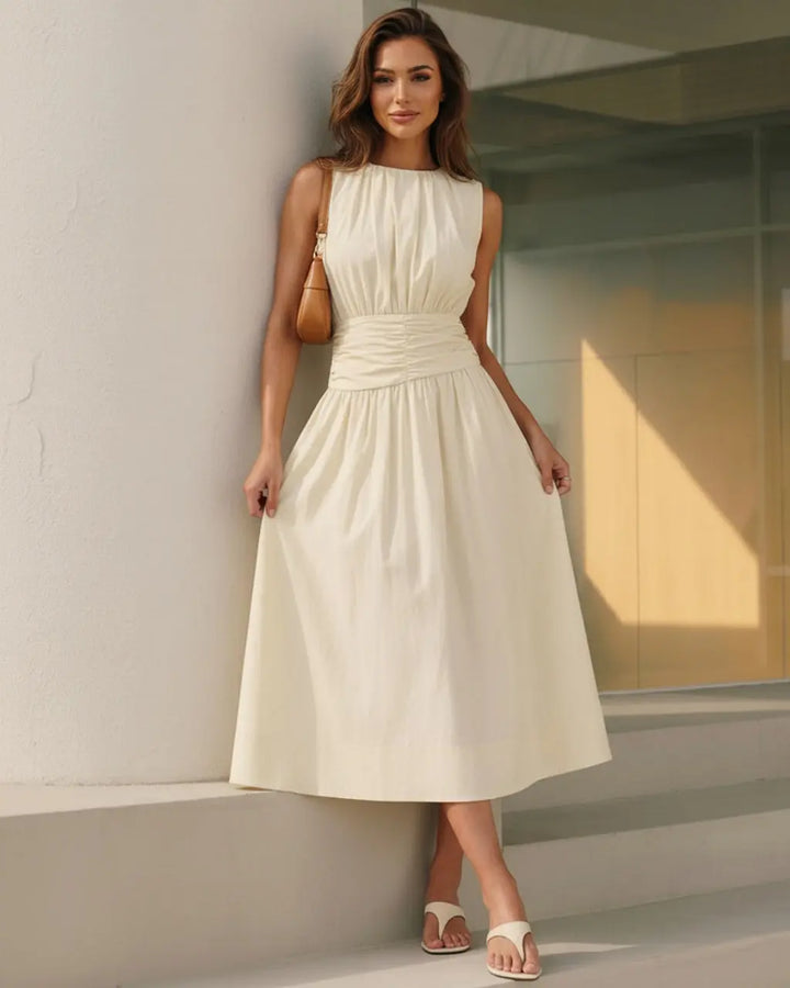 SOLACE  Cream Crew Neck  Sleeveless Ruched Waist Midi Dress 