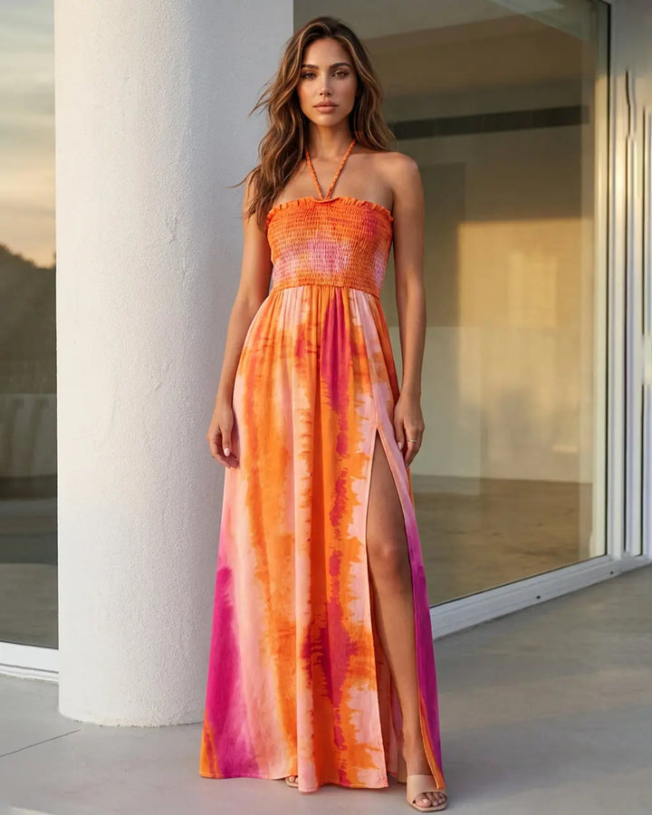 SOLACE  Tie Dye Halter Neck Smocked Waist Slit Maxi Dress 