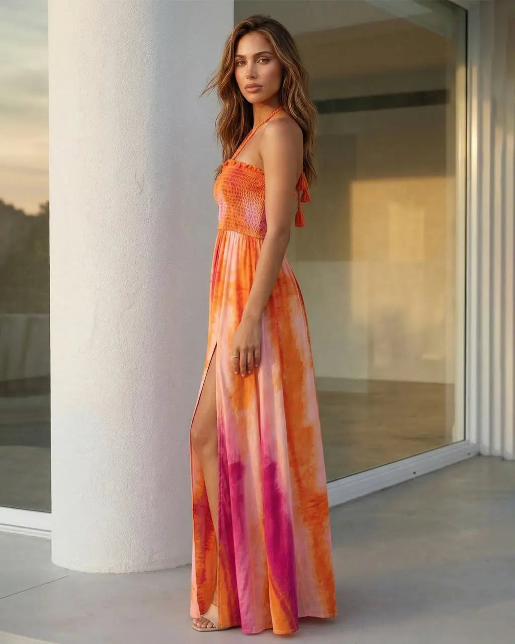 SOLACE  Tie Dye Halter Neck Smocked Waist Slit Maxi Dress 