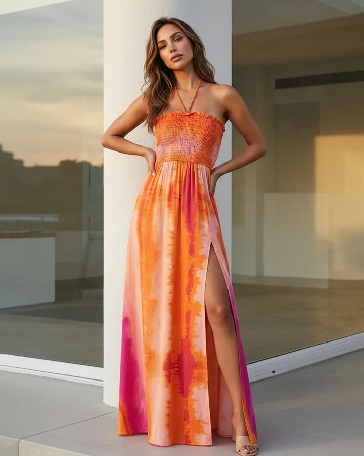 SOLACE  Tie Dye Halter Neck Smocked Waist Slit Maxi Dress 