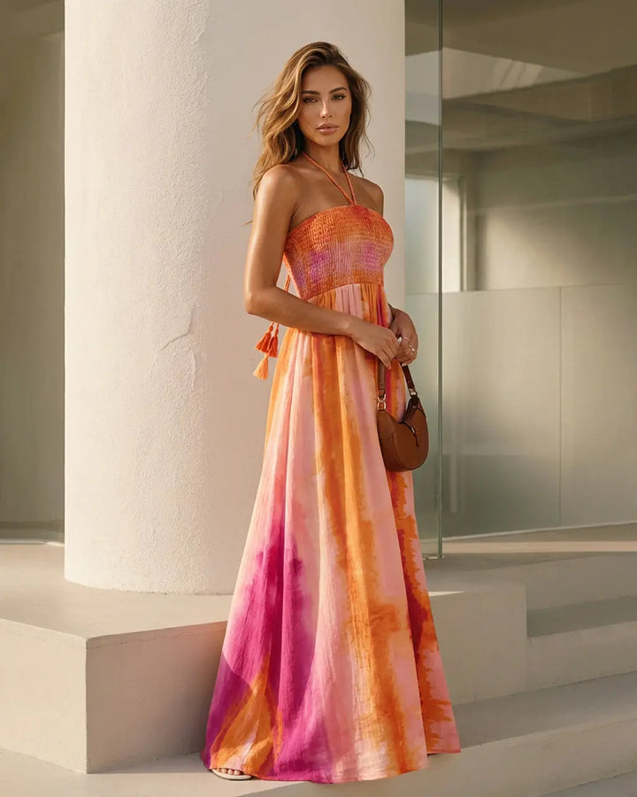 SOLACE  Tie Dye Halter Neck Smocked Waist Slit Maxi Dress 